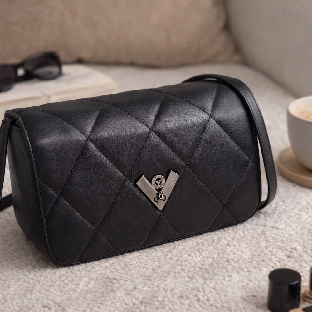 Valentino Orlandi Quilted Crossbody Bag Black Vegan Leather Gunmetal NWT